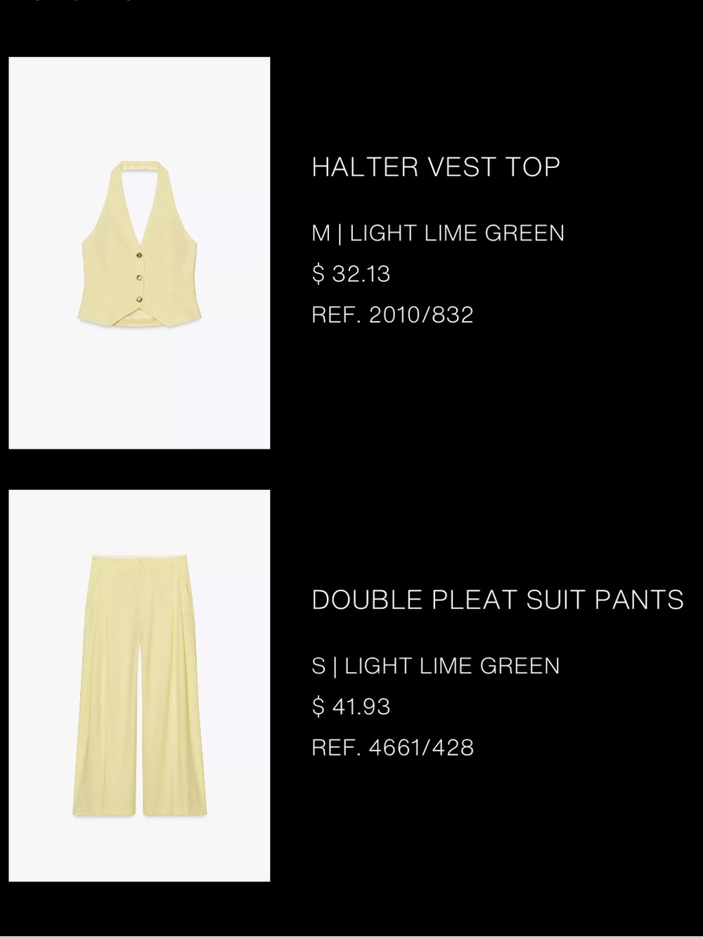 Light Lime Green Halter Vest Top and Double Pleat Suit Pants - Zara Women NWT